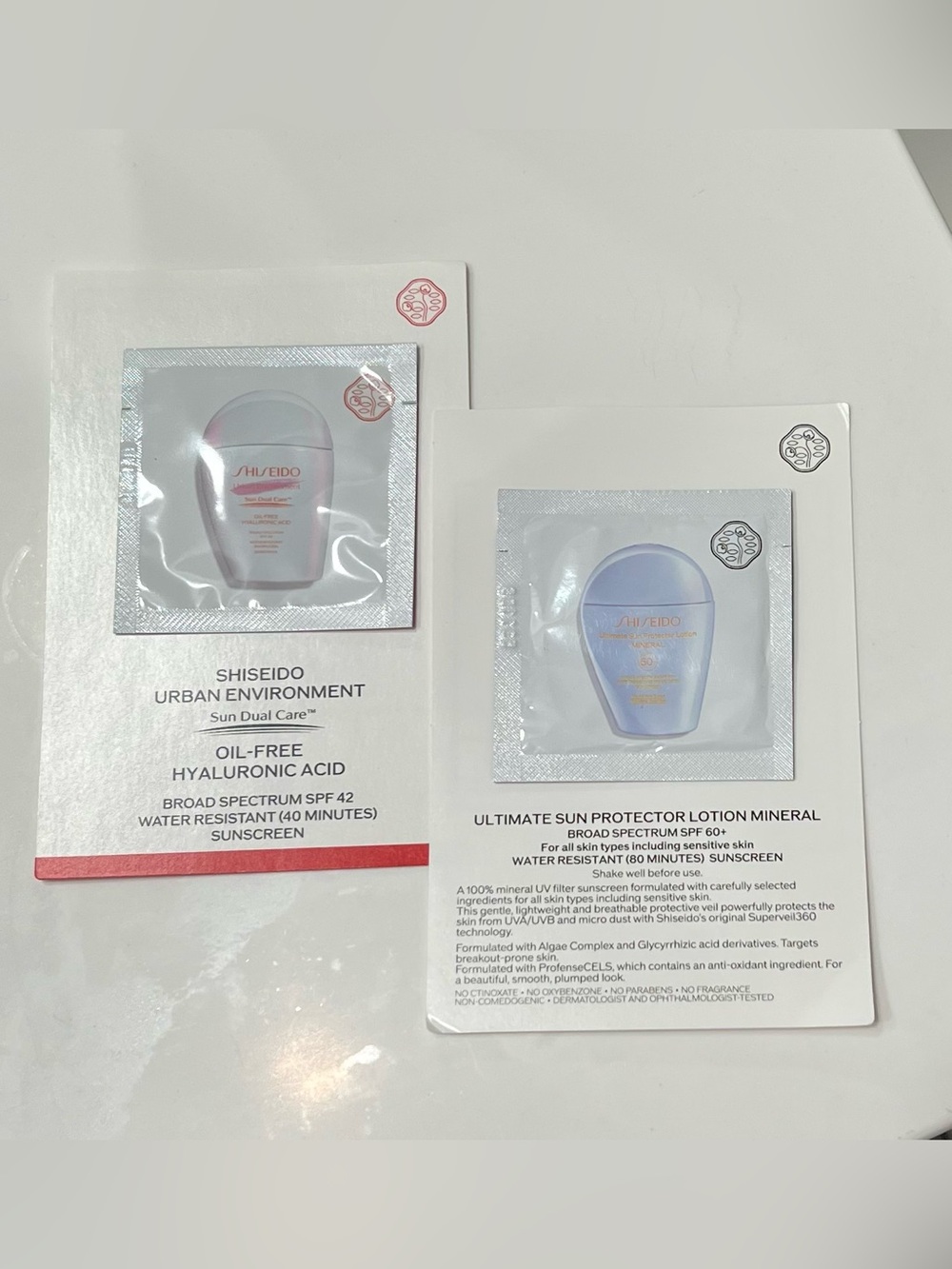 Shiseido Sunscreen Sample Packets — White with Red Accent
